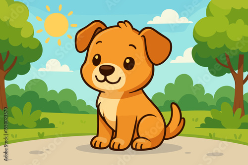 Cute cartoon puppy dog sitting obediently outdoors on sunny day, happy pet character in green park garden, cheerful vector illustration, child friendly animal mascot design, playful summer scene
