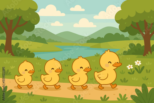 Cute baby ducks walking in line on path, cartoon vector illustration. Happy ducklings in scenic spring landscape with river, green hills, trees, flowers, clouds. Adorable nature wildlife scene