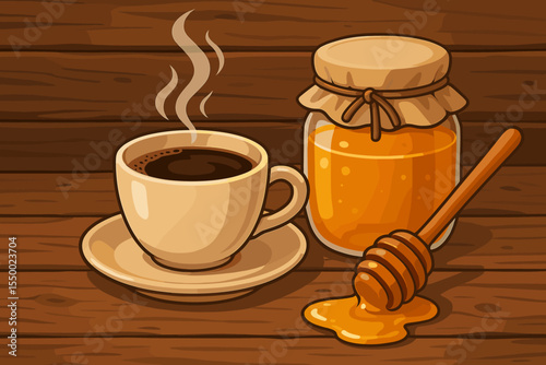 Hot Aromatic Coffee Cup with Sweet Honey Jar and Honey Dipper on Rustic Wooden Table. Cozy Breakfast Beverage. Vector Cartoon Illustration. Warm Morning Drink and Natural Sweetener Concept