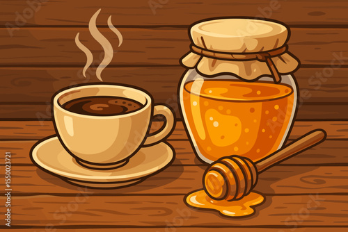 Steaming Cup of Coffee With Honey Jar and Honey Dipper on Rustic Wooden Table. Cozy Breakfast Beverage. Aromatic Hot Drink and Sweet Natural Honey Vector Cartoon Illustration. Morning Cafe Concept