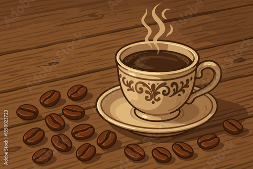 Steaming Hot Coffee in Ornate Vintage Cup with Scattered Coffee Beans on Rustic Wooden Table. Vector Cartoon Illustration of Cozy Morning Cafe, Classic Espresso Drink, Warm Beverage Concept