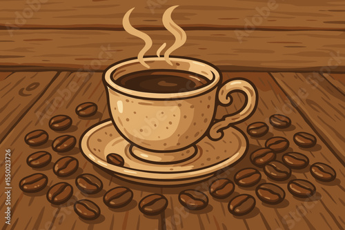 Steaming Hot Coffee Cup and Saucer with Scattered Coffee Beans on Rustic Wooden Table. Vintage Hand Drawn Vector Illustration. Cozy Café, Fresh Brew, Morning Drink, Warm Beverage Concept