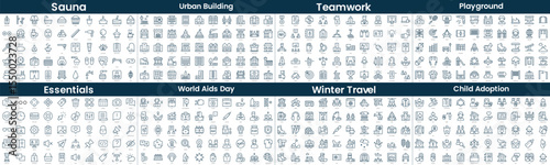 Linear Style Icons Pack. In this bundle include sauna, urban building, teamwork, playground, essentials, world aids day, winter travel, child adoption