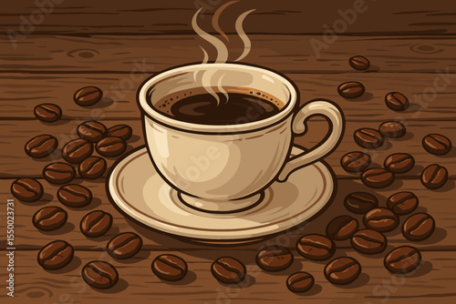 Steaming Hot Coffee Cup with Aroma, Scattered Coffee Beans and Saucer on Rustic Wooden Table. Vintage Style Vector Illustration for Cafe Menu, Morning Beverage, Breakfast Scene, Coffeehouse Decor