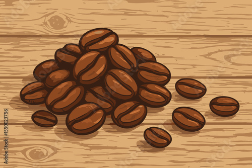 Roasted Coffee Beans Pile on Rustic Wooden Table. Vintage Vector Illustration. Cartoon Brown Espresso Grains, Natural Aromatic Beverage Ingredient, Cafe Design Element, Barista Food Background