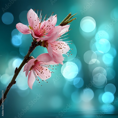 Delicate pink blossoms against teal bokeh