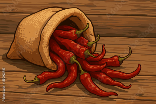 Spicy Red Chili Peppers Pouring from Burlap Sack on Rustic Wooden Table. Hot Dried Gourmet Spice. Fresh Harvest Food Ingredient. Vector Cartoon Illustration for Kitchen, Market, Cooking Concept