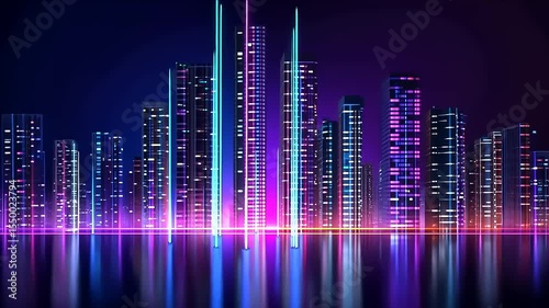Futuristic city skyline at night with vibrant neon lights