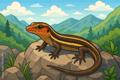 Colorful Asian Skink Lizard on Rocky Mountain, Nature Landscape Background, Striped Reptile Wildlife, Cartoon Vector Illustration, Outdoor Forest Habitat, Herpetology, Summer Day