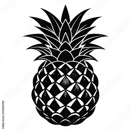 Bold black and white vector illustration of a detailed pineapple silhouette for design elements