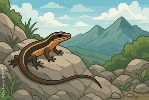 Asian skink lizard sunbathing on rocky mountain landscape. Reptile wildlife in natural habitat, tropical forest hills. Nature adventure, herpetology, environment. Vector cartoon illustration