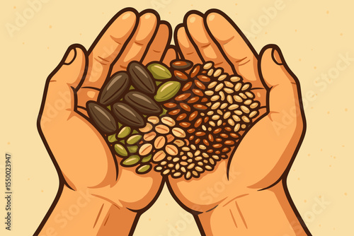 Variety of Organic Seeds and Grains in Cupped Hands. Healthy Nutrition Concept. Cartoon Vector Illustration of Sunflower, Pumpkin, Flax, Sesame, Whole Food Ingredients. Handful Holding Mix