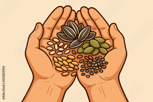 Diverse mix of healthy seeds and grains in human hands. Sunflower, pumpkin, chia, flax, sesame, and wheat seeds. Nutrition concept. Vegetarian, vegan, organic food illustration. Vector cartoon art