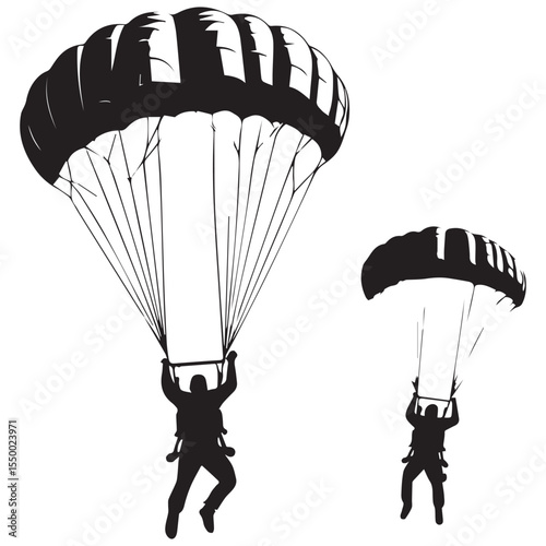 Two silhouettes of skydivers descending with parachutes open against a white background