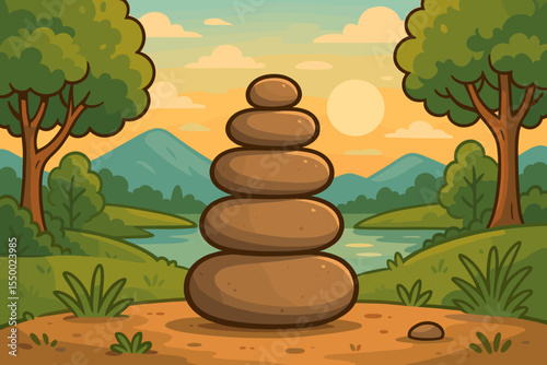 Balanced Zen Stones Stack in Serene Natural Landscape with Trees, River, Mountains and Sunset, Promoting Peace, Mindfulness, Meditation, and Outdoor Relaxation Vector Cartoon Illustration