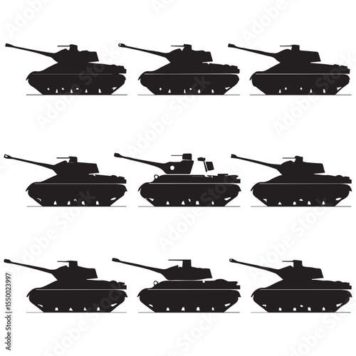 Collection of black silhouette illustrations of military tanks on a white background