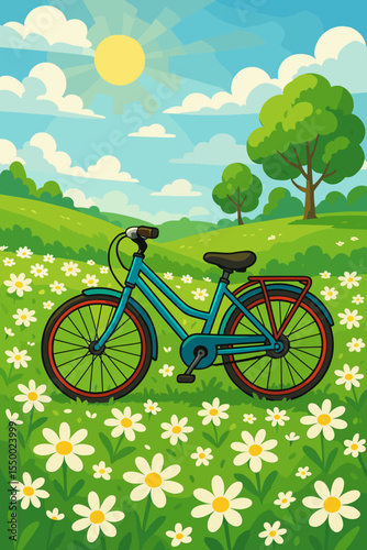 Cartoon blue bicycle parked in spring flower meadow under bright sunny sky. Summer landscape with green hills, blooming daisies, trees, fluffy clouds, sunlight. Cheerful nature outdoor vector scene.