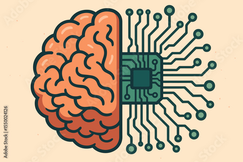 Artificial Intelligence Brain and Circuit Board Fusion Concept. Human Mind and Technology Integration. AI Neural Network, Digital Intelligence, Machine Learning, Innovation. Vector Illustration