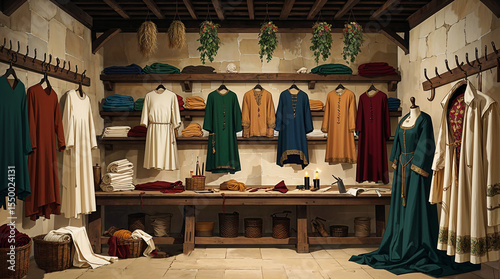 Medieval Tailor Shop Interior with Fabrics and Garments