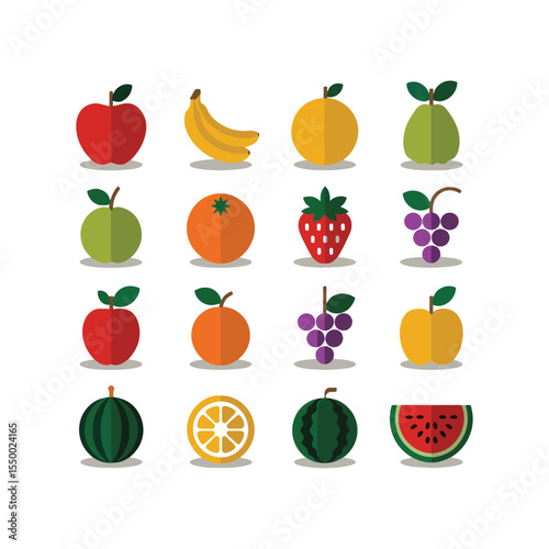 Colorful Fruit Flat Design Icon Set Featuring Apple, Banana, Strawberry and Watermelon