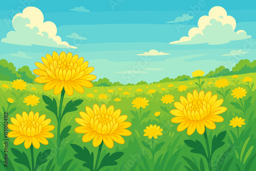 Vibrant yellow chrysanthemum flowers in lush green summer field, blooming bright under sunny blue sky, serene nature landscape, cartoon vector illustration, no text, floral meadow scene