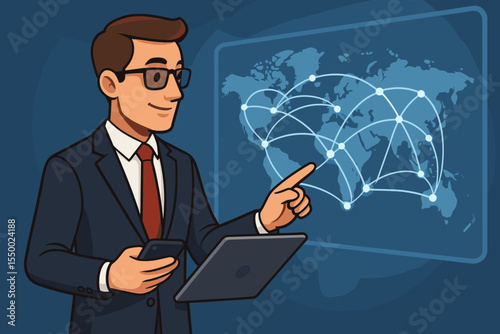 Global business technology. Businessman analyzing worldwide network connections on a virtual screen. Man using tablet for futuristic data analytics. International communication.