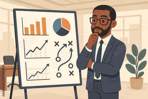 Business professional analyzing marketing strategy with statistical graphs, data analysis, growth charts, and planning tactics in modern office. Vector illustration for corporate success concepts