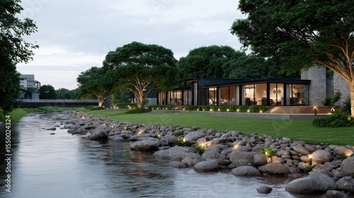 Rustic cabin glows warmly at night in the South African countryside, surrounded by trees and a tranquil stream under a starry sky