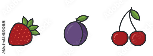 Strawberries, cherries and plum. Fresh organic sweet berry fruits. Isolated vector images