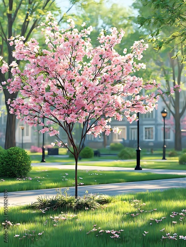 Blossoming tree in a park setting