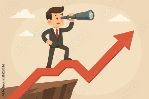 Visionary businessman with telescope searching for future opportunities, standing on upward growth arrow cliff. Success leadership, financial progress, business forecast. Cartoon vector illustration