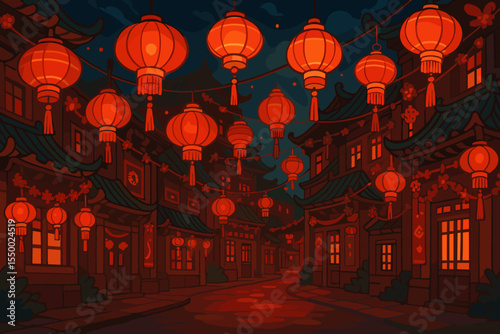Vibrant Chinese New Year Lantern Festival Night in Traditional Chinatown Street, Festive Red Lantern Decorations, Cultural Celebration, Oriental Architecture, Vector Cartoon Illustration