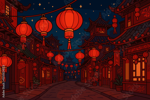 Vibrant Chinese New Year Lanterns Lighting Traditional Chinatown Street Night Scene, Festive Red Decorations, Asian Architecture, Holiday Celebration, Vector Cartoon Illustration