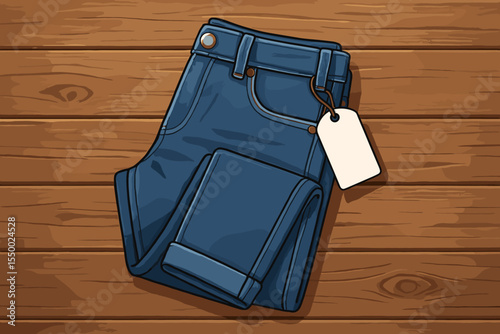 Folded classic blue denim jeans with blank white price tag, casual fashion apparel on rustic wooden background, vector cartoon illustration, clothing retail shopping concept