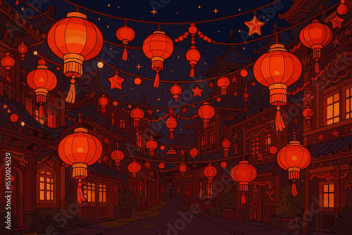 Vibrant Chinese New Year Lantern Festival in Traditional Chinatown Street at Night, Glowing Red Lanterns and Festive Decorations, Asian Cultural Celebration Vector Cartoon Illustration