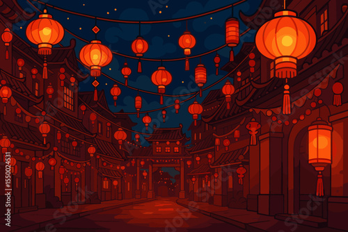 Vibrant Chinese Lantern Festival Night Scene, Illuminated Traditional Chinatown Street With Red Lanterns, Festive Decorations, Asian Architecture, Cultural Celebration Vector Illustration