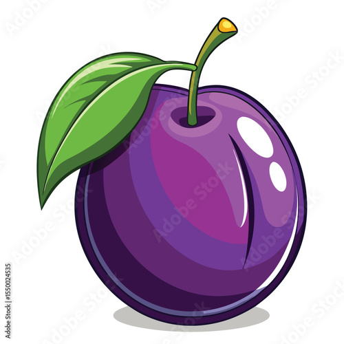 Colorful cartoon illustration of a ripe purple plum with green leaf and stem detail