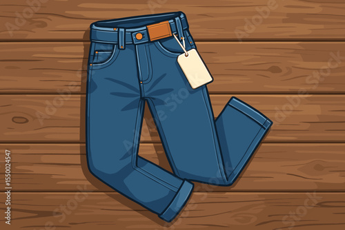 Classic blue jeans with blank price tag on rustic wood background. Denim pants fashion illustration. Casual clothing, apparel design, retail shop, folded trousers, stylish vector cartoon concept