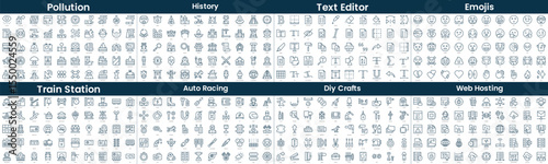 Linear Style Icons Pack. In this bundle include pollution, history, text editor, emojis, train station, auto racing, diy crafts, web hosting