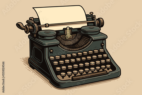 Vintage typewriter illustration. Antique retro writing machine with classic round keys, mechanical keyboard, nostalgia, journalism, literature, office equipment, vector cartoon drawing, no text