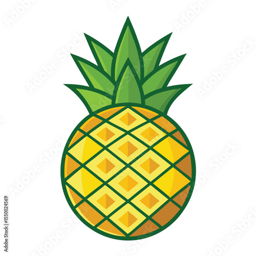 Colorful flat vector illustration of a tropical pineapple fruit with green leaves isolated on white background
