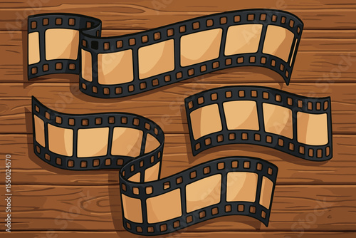 Vintage movie film strips on rustic wood background, nostalgic cinema concept, old analog photography, retro film reel, classic filmmaking, empty frames, vector cartoon illustration