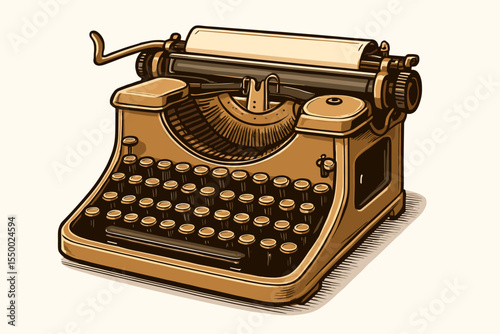 Vintage typewriter vector illustration. Retro antique writing machine with classic round keys. Old mechanical keyboard. Nostalgic office technology. Cartoon drawing for writers, literature, history.