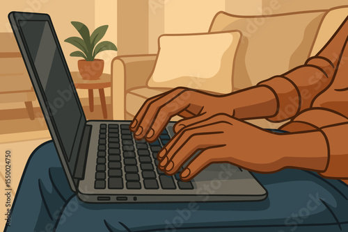 Close up hands typing on laptop keyboard sitting on living room sofa home office workspace. Remote work concept. Freelancer online studying. Cozy interior flat vector illustration. No text