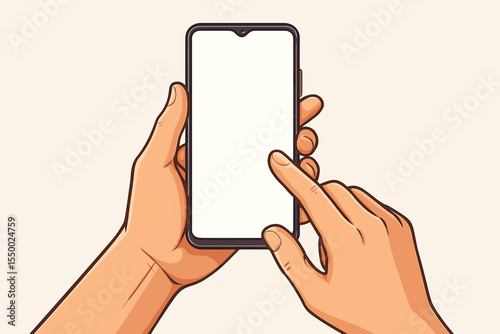 Human hands holding smartphone with blank screen, finger touching display, mobile device interaction, digital communication, touchscreen technology, cartoon vector illustration, isolated