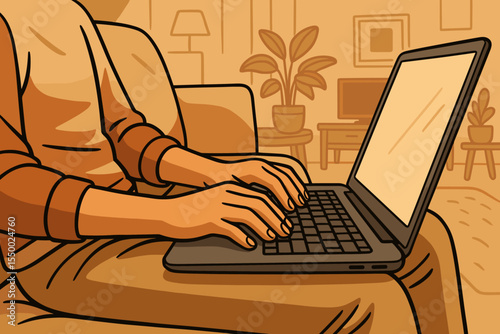Close up of person typing on laptop keyboard while working from home, comfortable living room sofa, cozy interior, remote job, freelance illustration, modern digital lifestyle vector