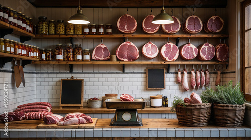 Interior View of a Butcher Shop with Hams and Sausages
