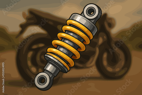 Motorcycle Shock Absorber Vector Illustration. Yellow Coil Spring Suspension Detail. Isolated Auto Part. Chromed Metal Mechanical Component on Blurred Bike Background. Motorcycle Engineering Concept