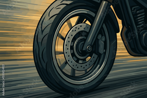 Dynamic close-up front motorcycle wheel spinning on asphalt road, detailed motion blur, vector cartoon illustration, high-speed motorbike racing concept, urban street transportation, automotive design