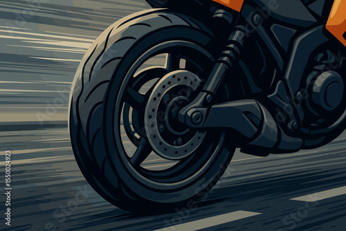 Dynamic close-up motorcycle wheel spinning on asphalt road with speed motion blur. Vector illustration. Modern sporty bike tire, suspension, braking system. Urban street racing concept art